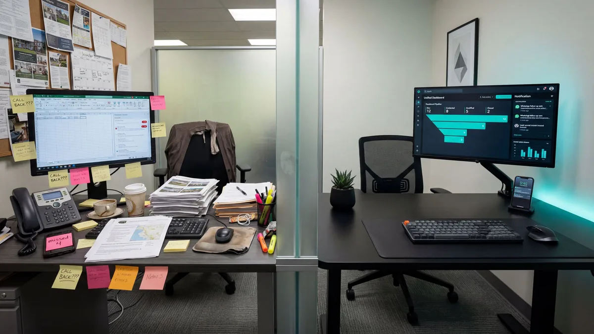 Before: cluttered estate agent desk with missed call notes. After: clean desk with unified AI dashboard showing lead pipeline