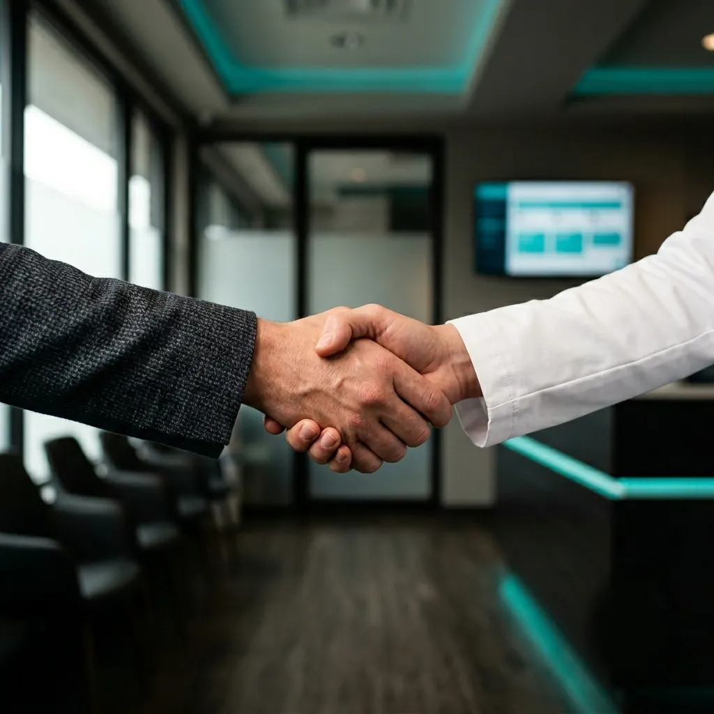 Professional handshake between business consultant and dental practice owner in modern clinic