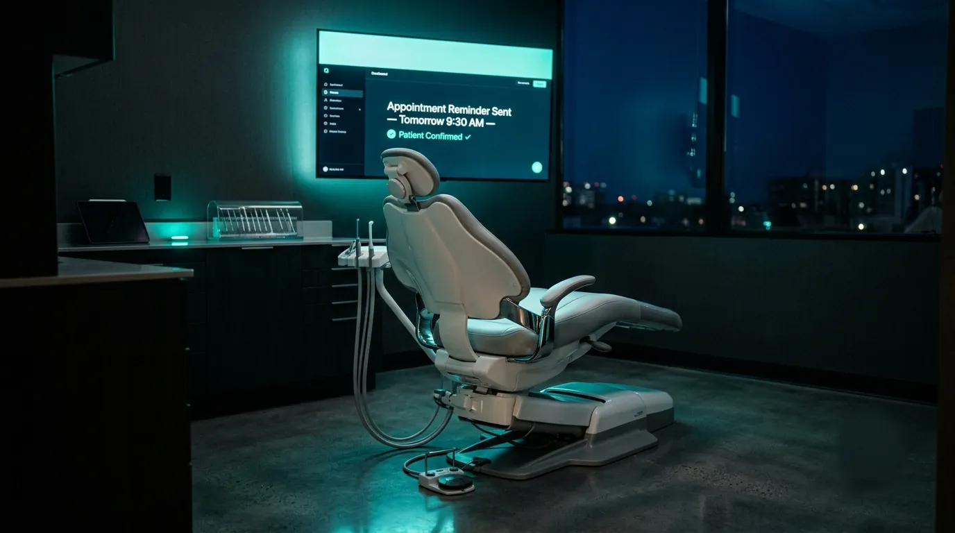 Empty dental treatment chair at night with AI appointment system showing patient confirmed on screen