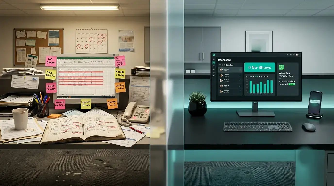 Before: chaotic dental reception with no-show sticky notes and paper appointment book. After: clean desk with digital dashboard showing zero no-shows and 97 percent attendance