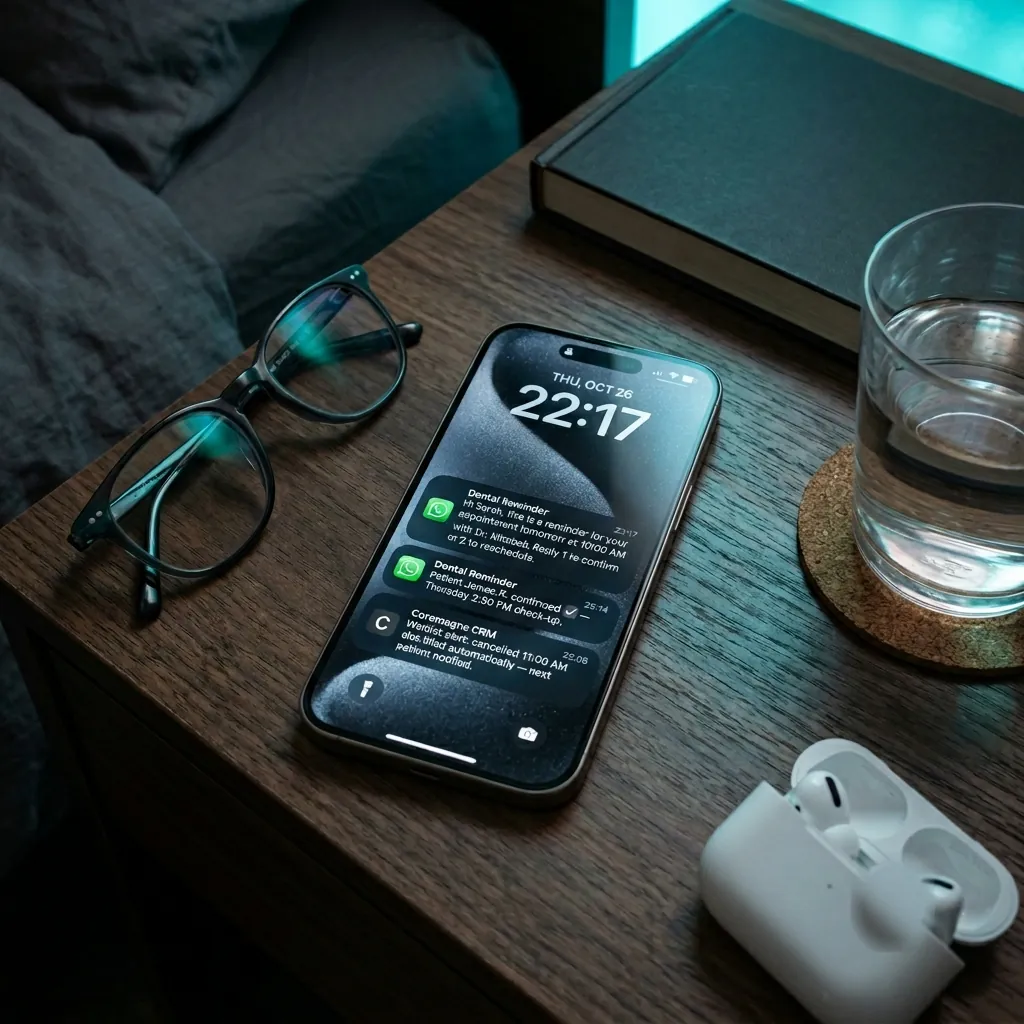Phone on bedside table at night showing WhatsApp dental appointment reminders and patient confirmations at 22:17