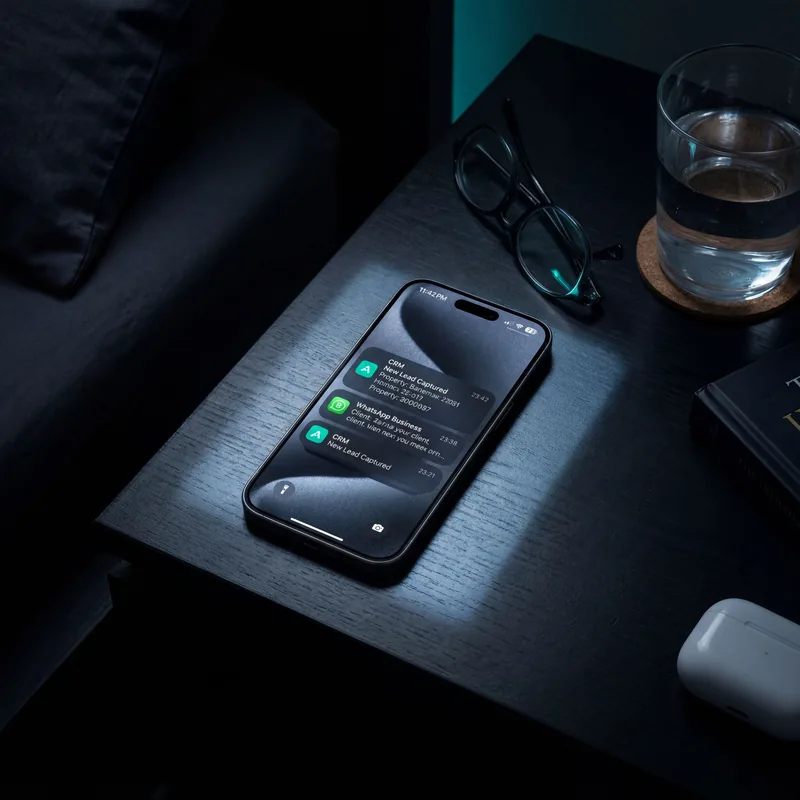 Phone on bedside table showing late-night lead capture notifications at 11:42 PM