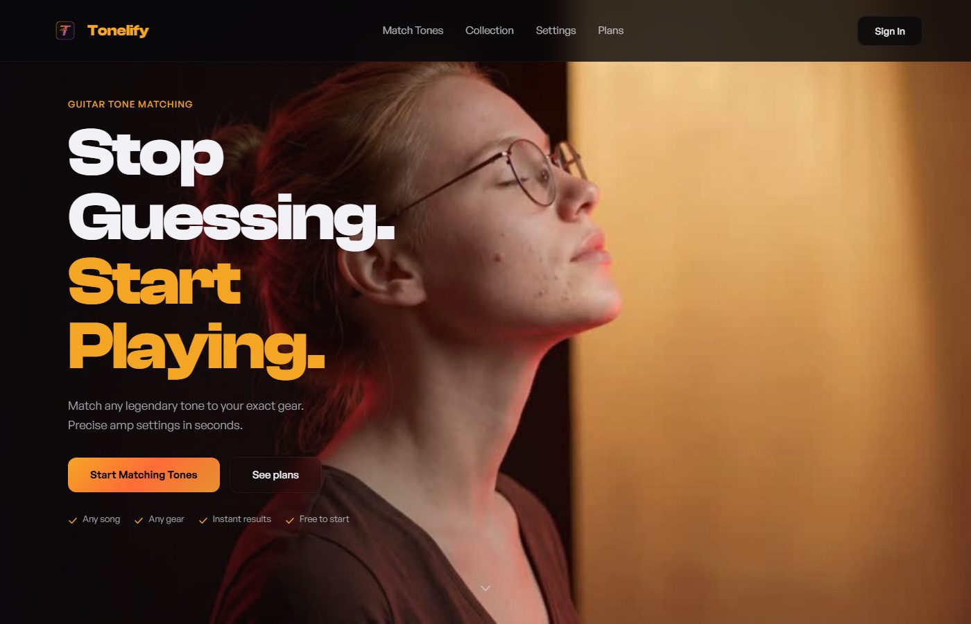 Tonelify AI guitar tone matching homepage preview