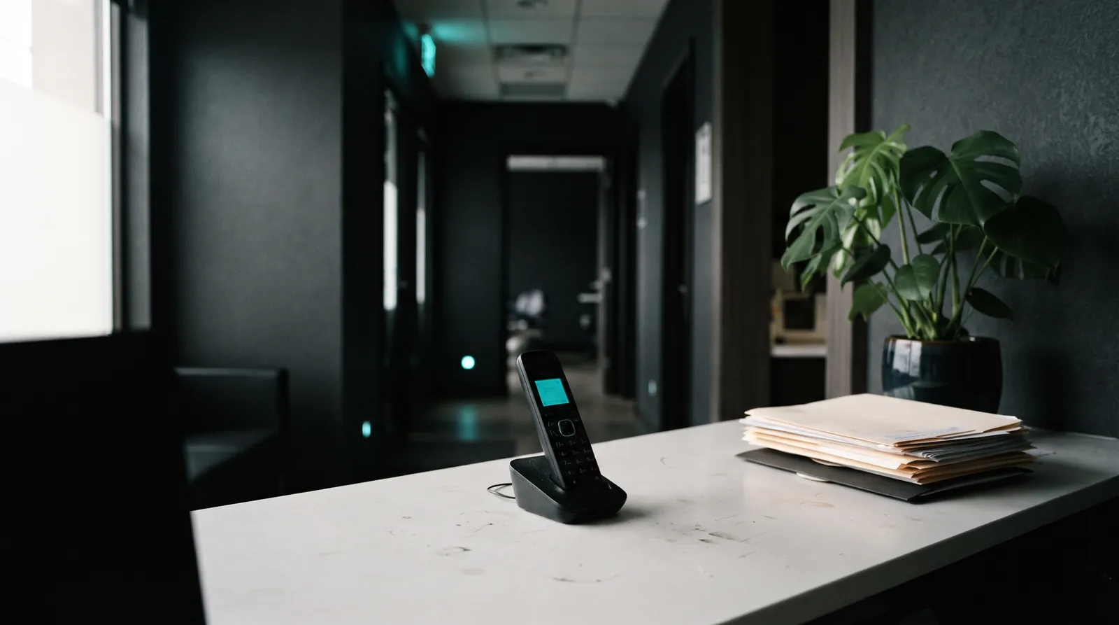 Unstaffed dental clinic reception with a phone ringing off its cradle