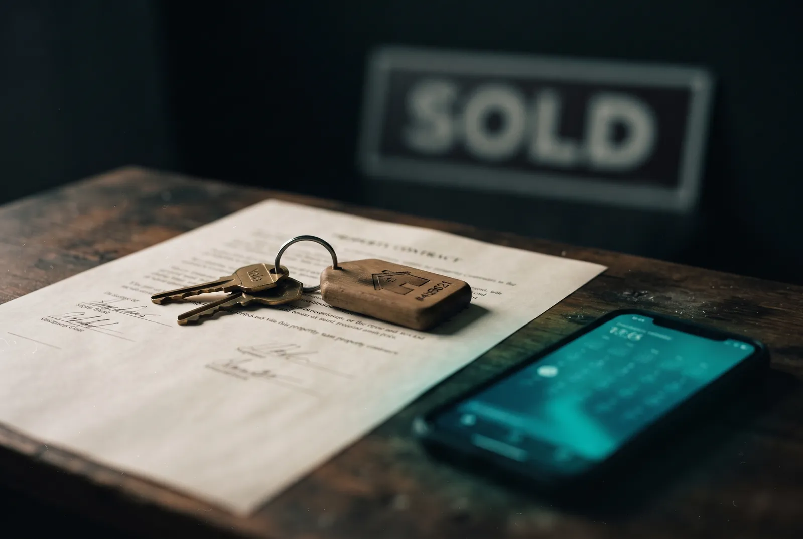 House keys resting on a signed property contract beside a phone