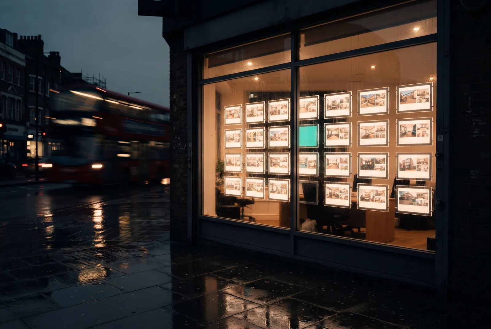 Estate agency window display glowing at dusk on a rainy high street