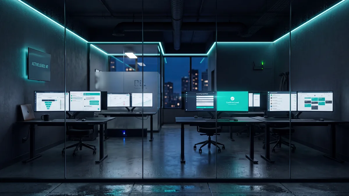 Empty estate agency office at night with AI systems actively capturing leads on multiple screens