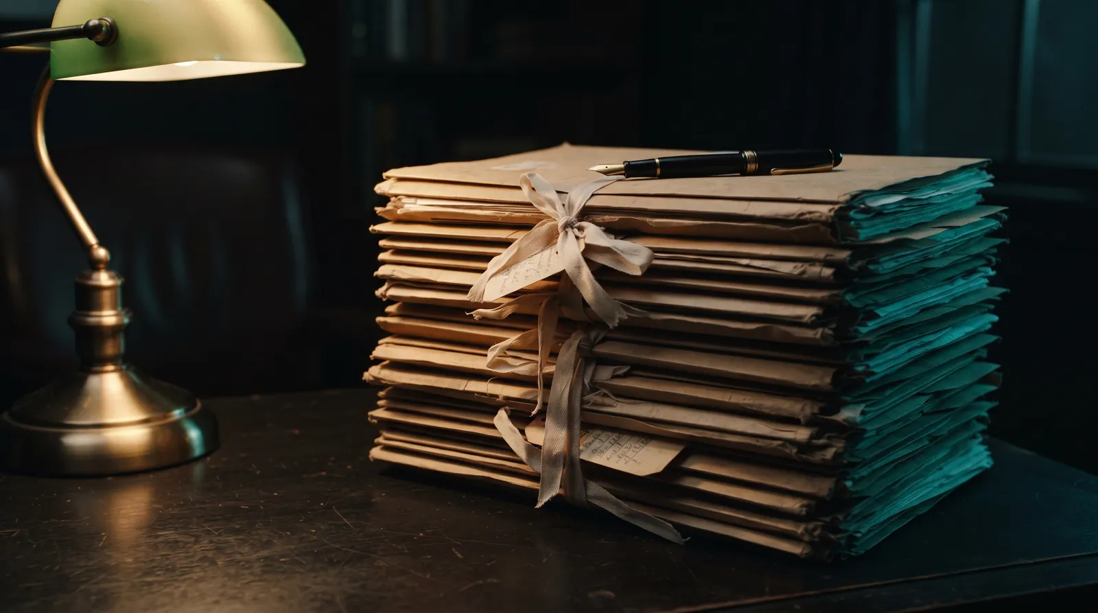 Stack of legal case folders on a solicitor's desk under a lamp