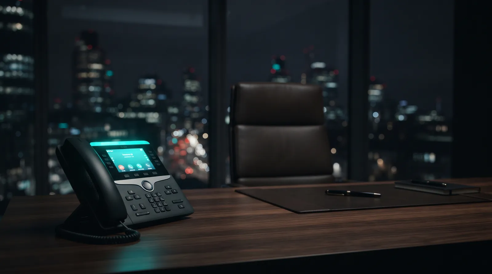 Empty solicitor's office at night with a desk phone ringing unanswered