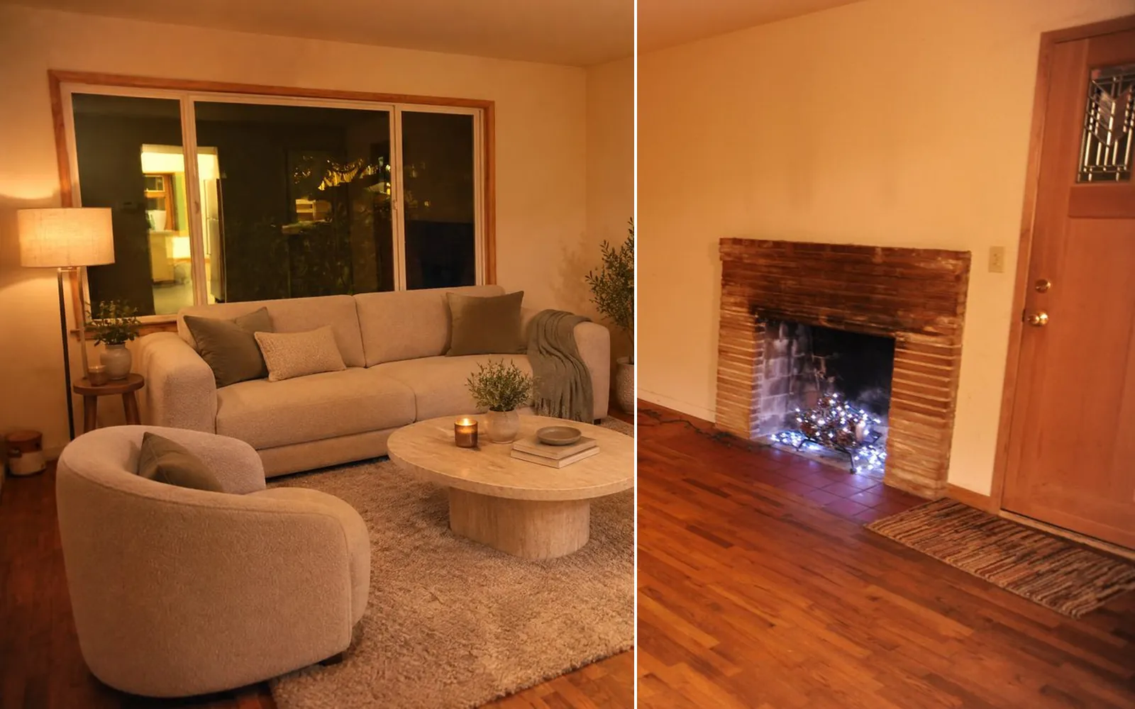 One living room, staged by Miravely on the left and empty as photographed on the right, with the window, walls and fireplace lining up across the split
