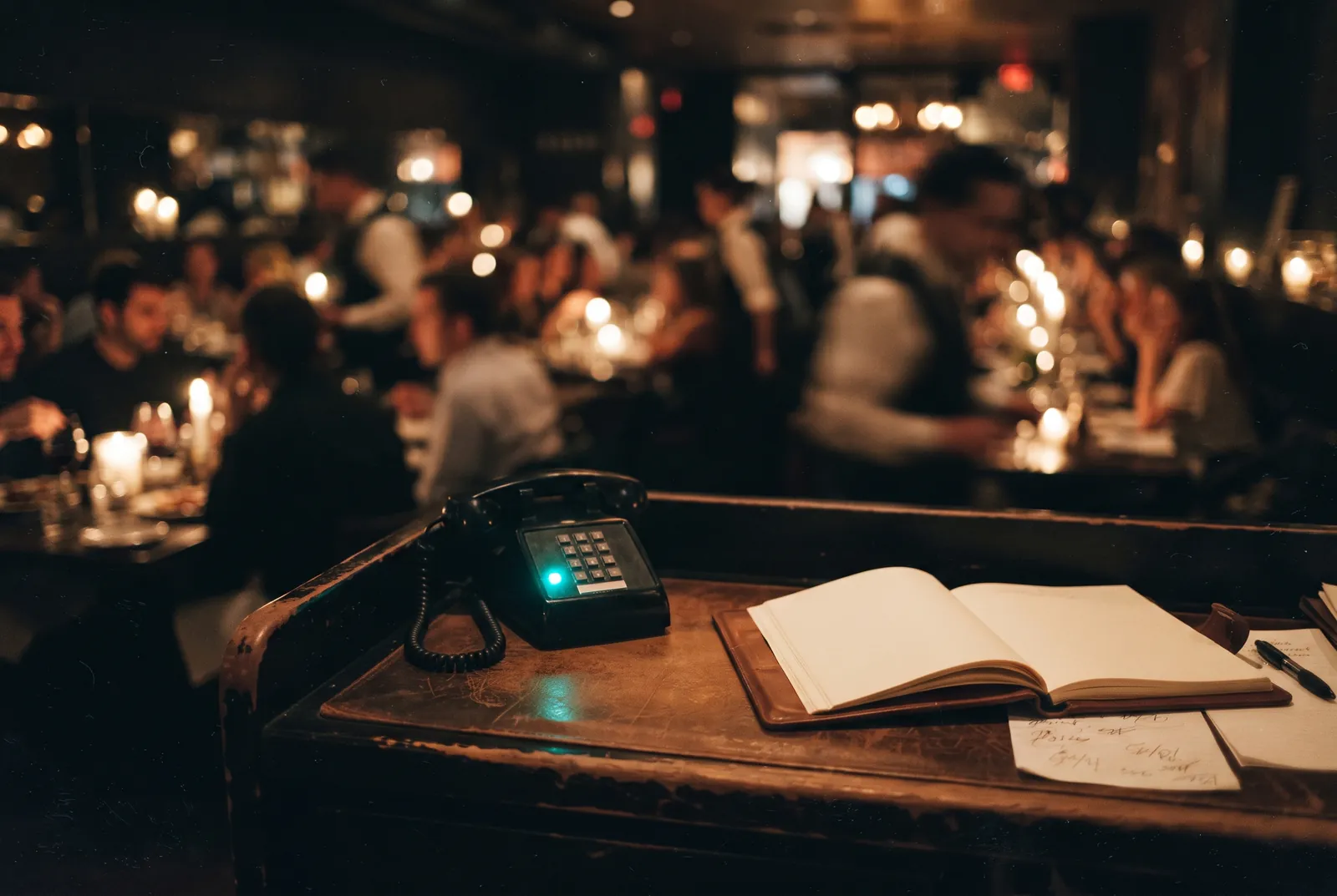 Restaurant host stand phone ringing during a packed dinner service
