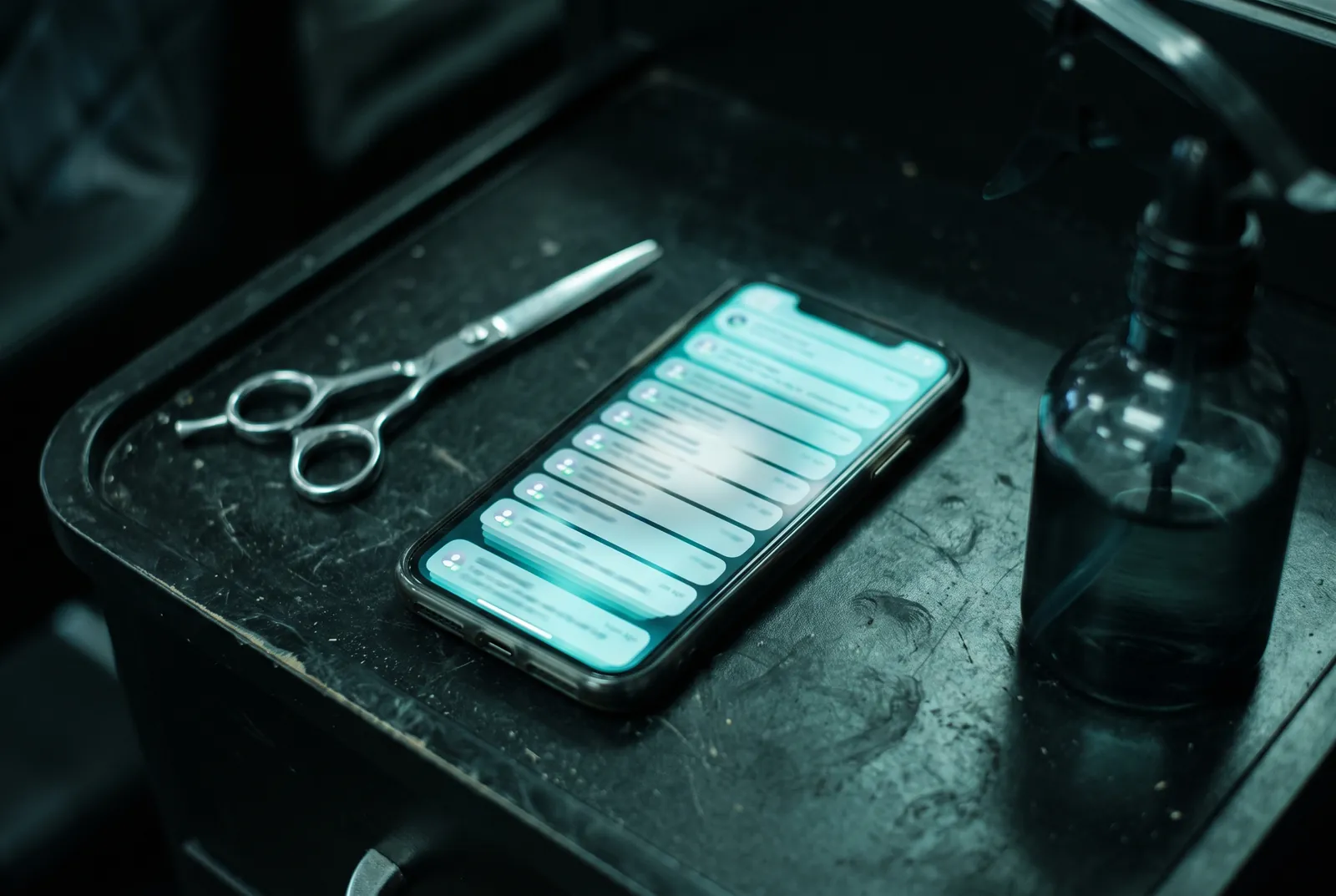 Salon phone screen full of unanswered booking messages beside scissors