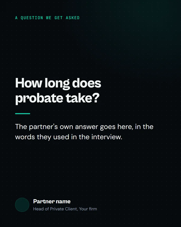 Quote card template: a client question as the headline, the partner&rsquo;s answer beneath it, and their name and role at the foot