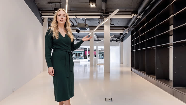 The same interior with a presenter standing in the middle of the floor